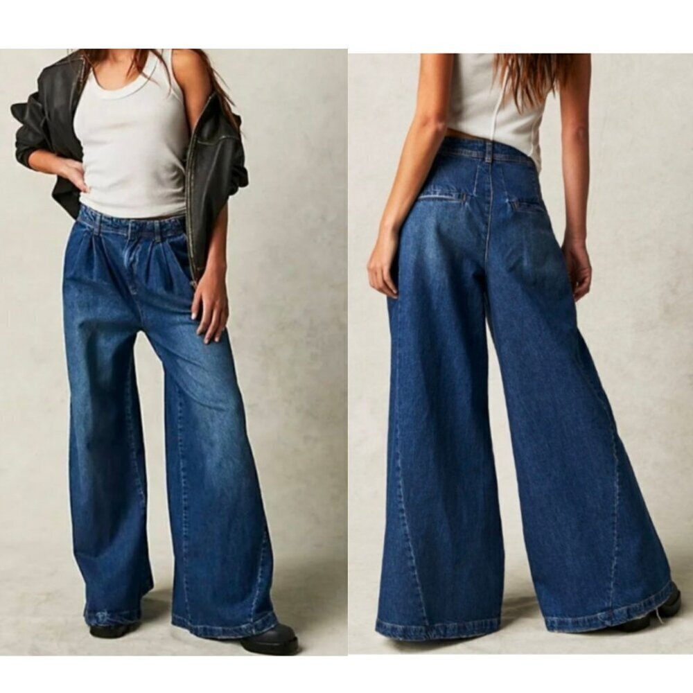 Free People We The Free Equinox Mid Rise Wide Leg Denim Trousers Size 28